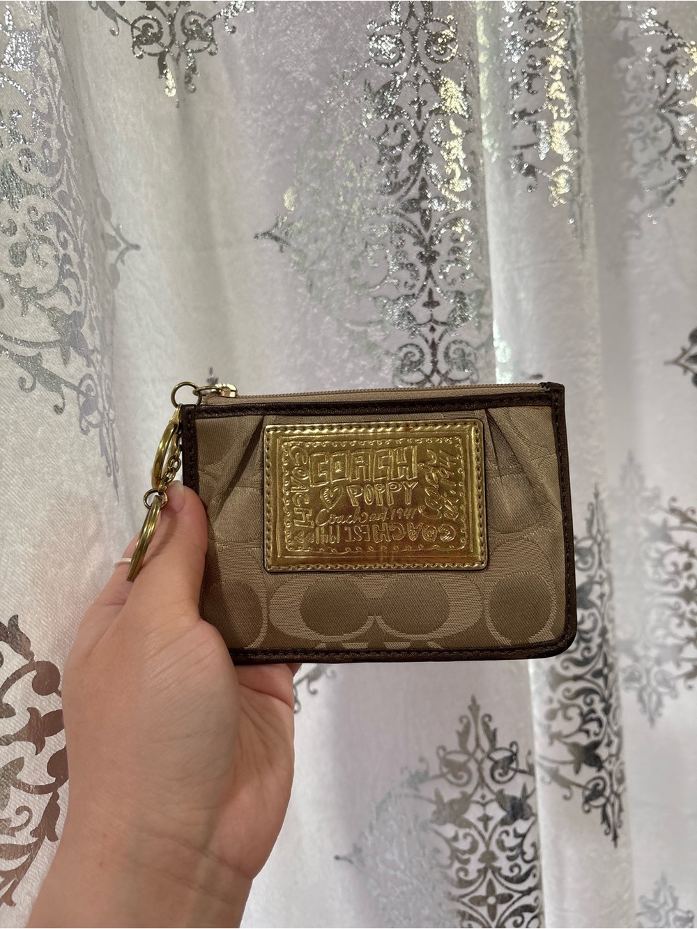 Coach Brown Signature Poppy Zip Card Case with Gold Plaque